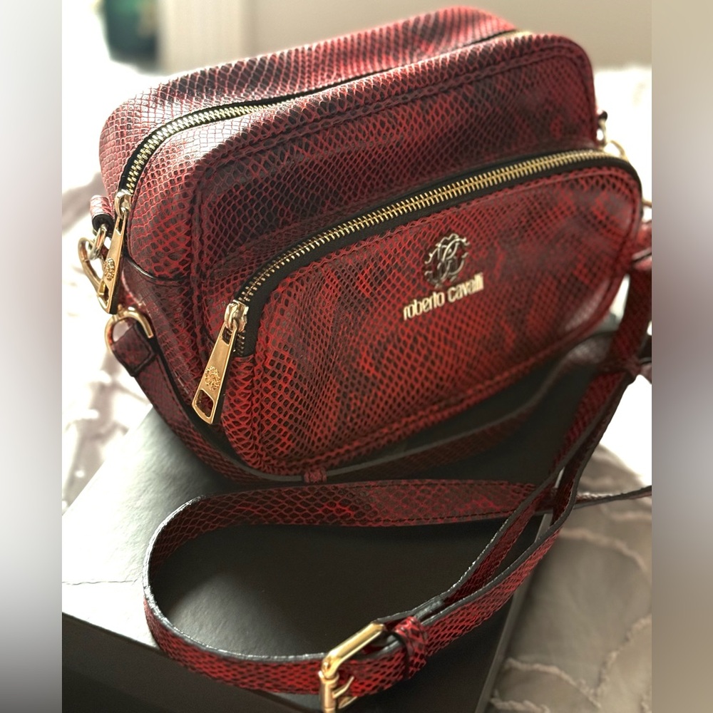 Roberto Cavalli Red Burgundy Snake Bag